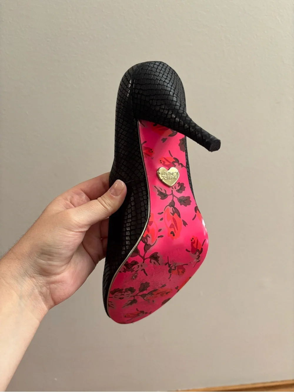 Betsey Johnson Black Peep Toe Heels with Snakeskin Texture